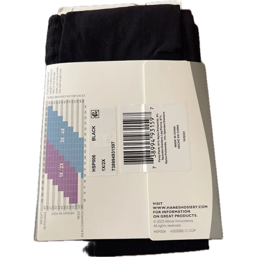 Hanes Curves 1X/ 2X Black Sheer Control Top Glide On Technology Wicking Tights